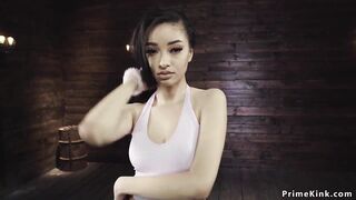 Slim babe strips and fucks machine