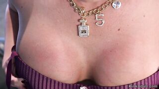 Busty Milf standing and fucking machine