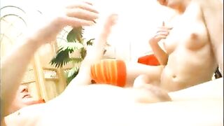 Grandpa visited by horny girls and eats young pussy on bed