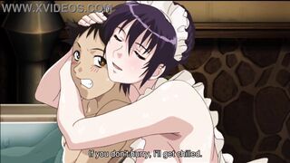 Busty hentai maid pleasures her virgin master with titty massage