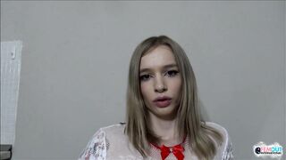 Blonde trans Michelle Soul solo masturbation in the kitchen
