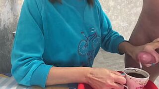 Stepmom drinks coffee with stepson's sperm massive cumshot taboo fetish