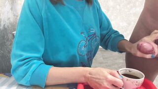 Stepmom drinks coffee with stepson's sperm massive cumshot taboo fetish