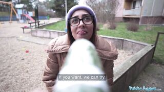 Public Agent Ale Danger deepthroating a cucumber and then a strangers big dick