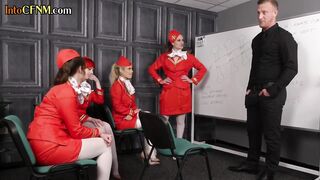 CFNM stewardesses suck in group blowjob