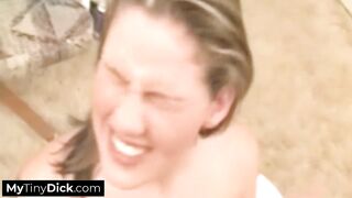 Big boobed brunette having fun with her tiny dick friend