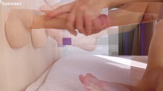 Fucked cunt with huge dildo, footjob