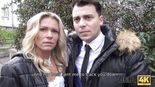 DEBT4k. Curly blonde is enjoying sex while cuckold groom is watching