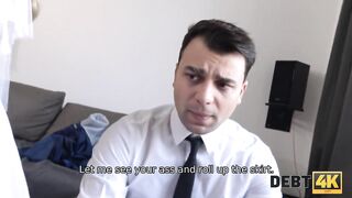 DEBT4k. Curly blonde is enjoying sex while cuckold groom is watching