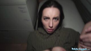 Public Agent Pretty face with sharp blue eyes sucks a big fat cock outdoors