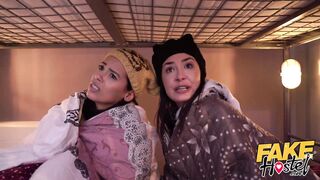Fake Hostel Big latino ass and skinny brunette have strong orgasms