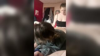Watching the wife fuck the gf with a strap on while I jerk off