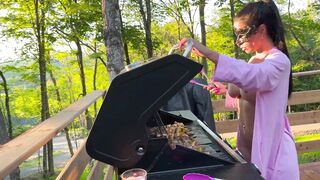 Step-Mom gets fucked while cooking outside