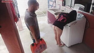 Married housewife pays washing machine technician with her ass while cuckold is away