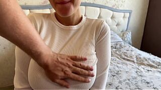 A completely natural busty BRUNETTE needs attention while her boyfriend is not at home