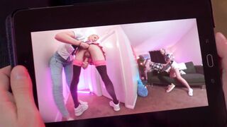 Two girlfriends made their slave guys cum