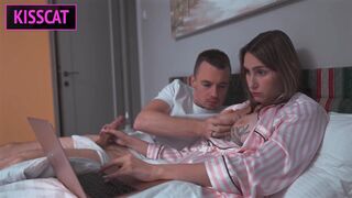 Step son distract step mom from work, so she helps cum with hand job in share bed, but get fuck