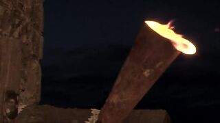 Porn video in a castle with a brunette woman and three men