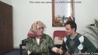 Shaved pussy grandma pleases young boy