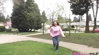 Sweet teen shows titties in the open