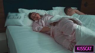 Step mom watched horror and came step son for share bed, but got rough fuck with surprise facial