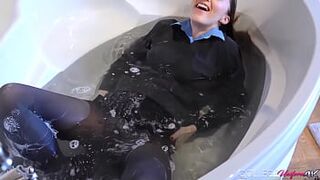 Sexy Brunette Wets Her New College Uniform While Takes A Bath!