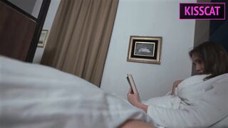 Stepmom get surprise cum in mouth when she helps with jerking to step son in share bed before fuck