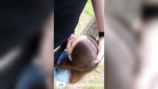 Brunette babe loves sucking my cock outside