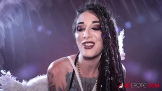 Fully tatted chick rides a sex toy while talking about her tattoos