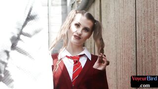 College uniform voyeur teases outdoor
