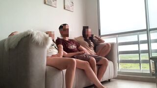 We are bored watching TV so my two stepsisters masturbate me and we have sex