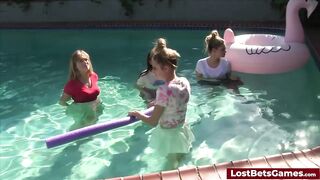 Swimming pool fun between four sexy girls and a lucky dude