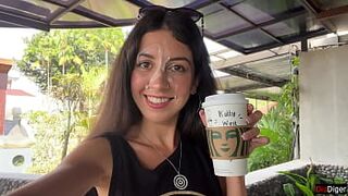 Blowjob in a Public Toilet Starbucks and Cumwalk - She drinks coffee with cum on face among people