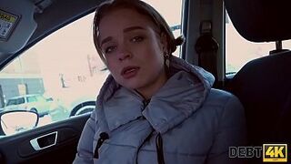 DEBT4k. Pretty cutie pays the debt she took for her big fake tits with her pussy