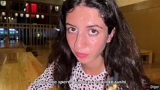 I cum on a girl's face in Public Sushi Bar and she eats rolls with Cum on her face - Cumwalk