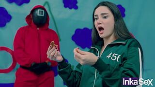 SQUID GAME - Brazilian Victoria Carmargo breaks the cookie in the squid game and gets her meaty pink pussy fucked.
