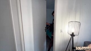 Jade, brunette in sexy lingerie, fucks two guys