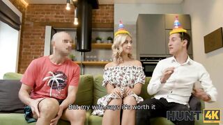 HUNT4K. Pretty blonde analyzed by hunk while her boyfriend counts the cash