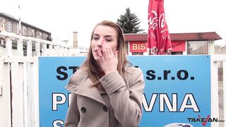 Freezing blond secretary with awesome body and tits convinced to fuck stranger