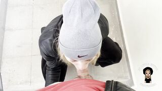 Sexy Blonde Sucked Neighbour's Huge Dick while Her Husband is Watching Tv
