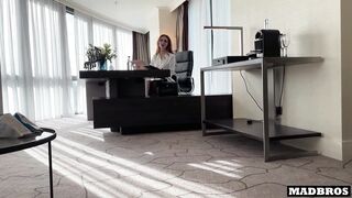 Redhead British milf boss gets anal pounded by 2 blacks in her office after their job interview !!!