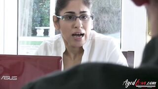 sexy threesome in the office, sucking and licking pussy and nipples.