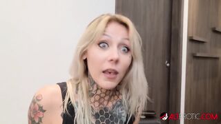 Inked blonde sucking and deepthroating a big dick