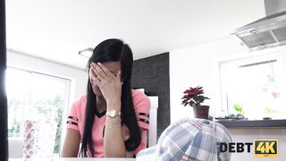 DEBT4k. Unemployed brunette has debts thats why she undresses