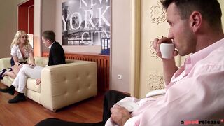 Raunchy blondie Bonnie Rose seduces two studs at the office for anal fuck