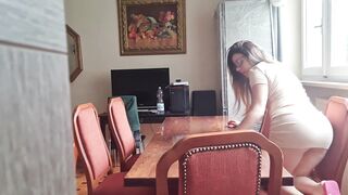 naughty cleaning girl lets her pussy leak