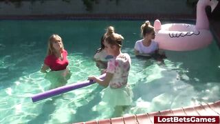 A guy gets lucky in the pool with his four naked friends around him