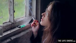 Angry girl in glasses with puffy nipples masturbates hard in the dirty alley
