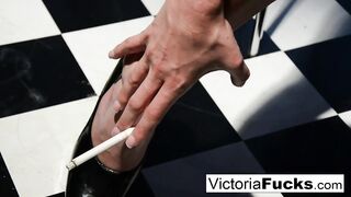 Victoria shows off her legs & Smokes
