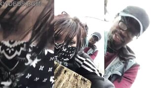 Emo slut gets fucked on tree stump in public